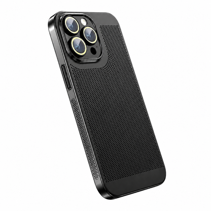 A black case stands at an angle on white, showing dense tiny perforations across its back and sides and metallic rings around three camera lenses.
