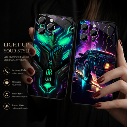 Hands hold a green circuit-patterned case and a purple case with a neon sports-car scene under Light Up Your Style.