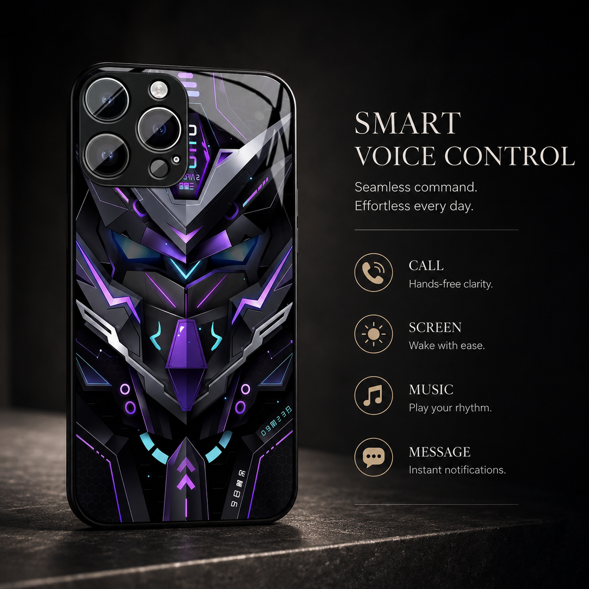 A purple robotic-face case stands against dark stone beside icons labeled call, screen, music and message under Smart Voice Control.