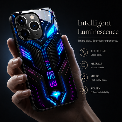 A hand holds a blue-and-purple circuit-patterned case with glowing digital-style numerals beneath Intelligent Luminescence.