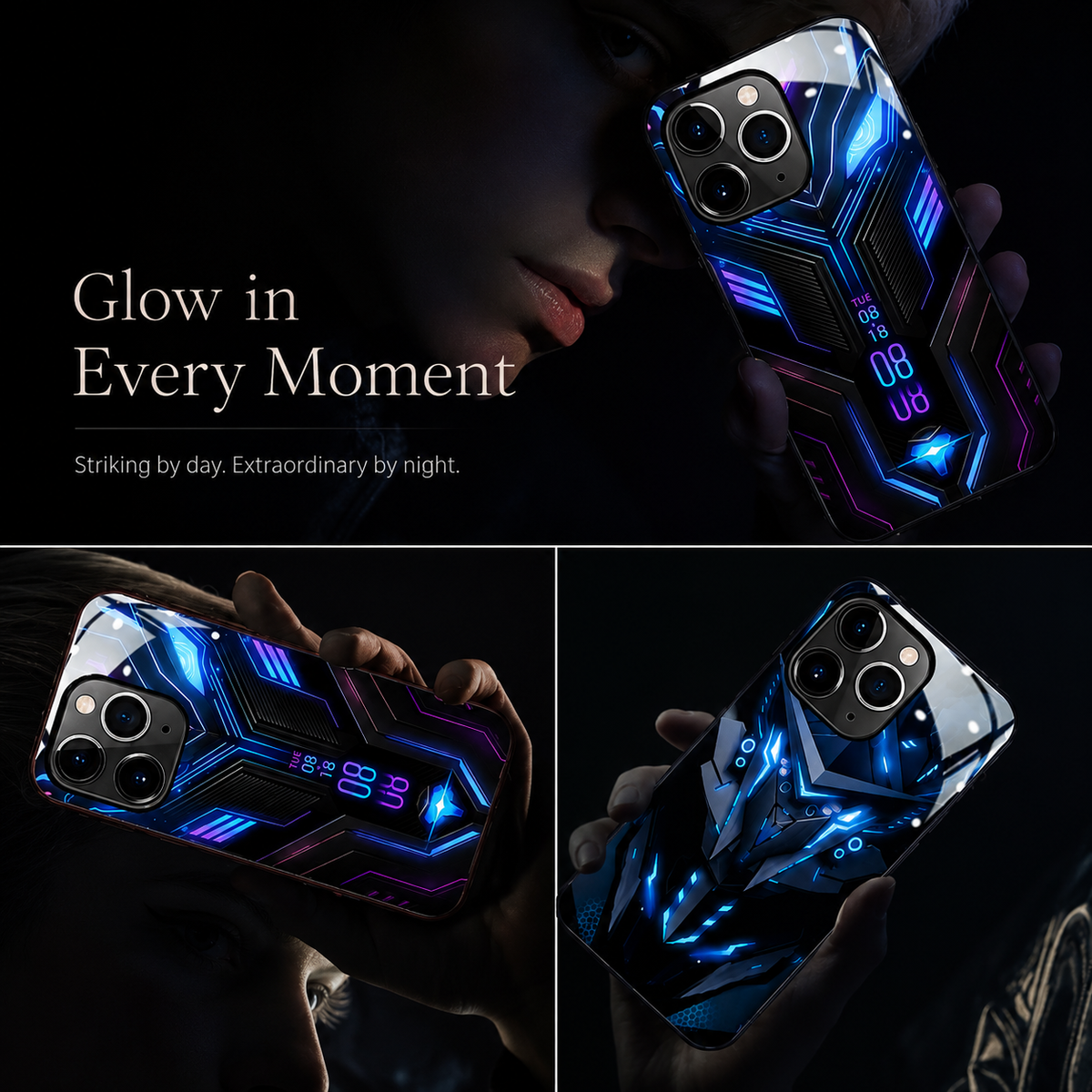 A three-panel collage shows a glowing blue circuit-patterned case held in dim light and a blue robotic-face case in a brighter scene.