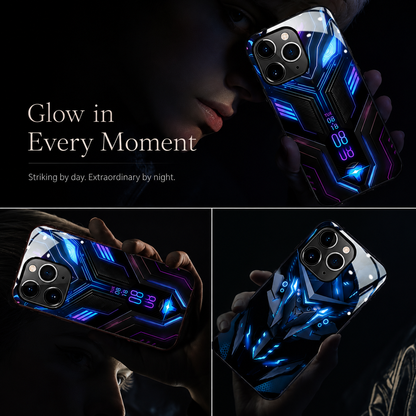 A three-panel collage shows a glowing blue circuit-patterned case held in dim light and a blue robotic-face case in a brighter scene.