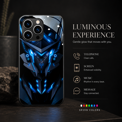 A blue robotic-face case stands on dark stone beside icons for phone, screen, music and messages. Colored dots indicate seven lighting colors.
