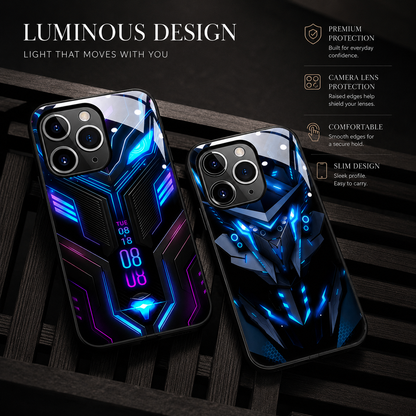 Blue circuit-patterned and blue robotic-face cases stand against dark wooden slats beneath Luminous Design.