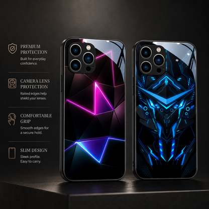 Two glossy black cases stand on a dark platform, one with pink-and-blue geometric light shapes and one with a blue robotic face.