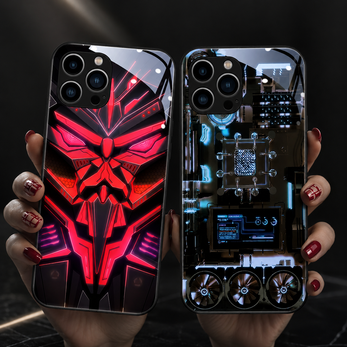 Hands hold a red robotic-mask case beside a black case with a detailed blue electronic circuit-board design.