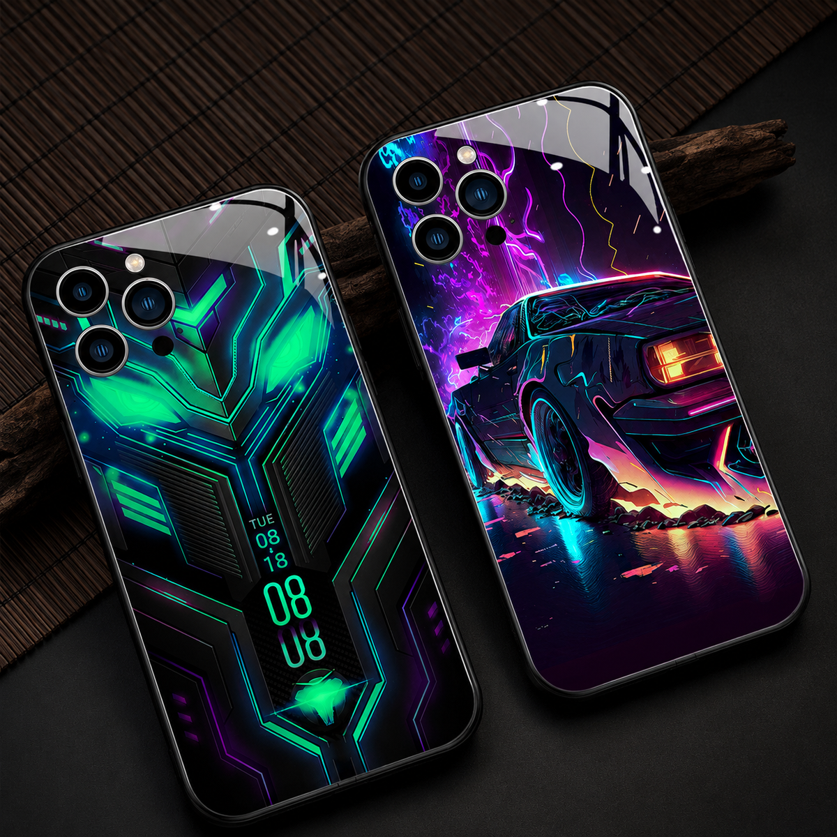 A green circuit-patterned case lies beside a purple neon sports-car case on a dark wooden surface.