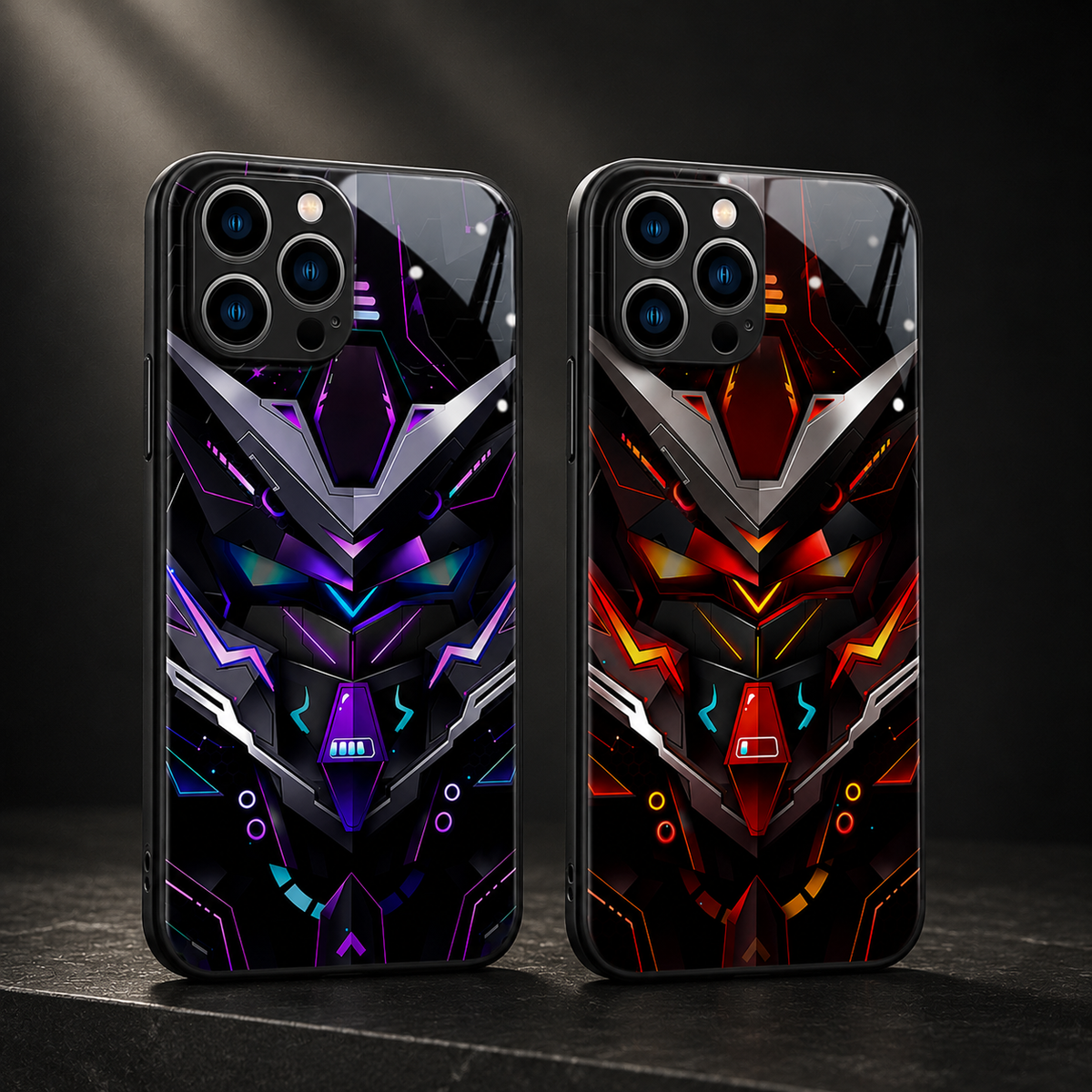 Purple and orange robotic-face cases stand upright side by side on a dark platform.