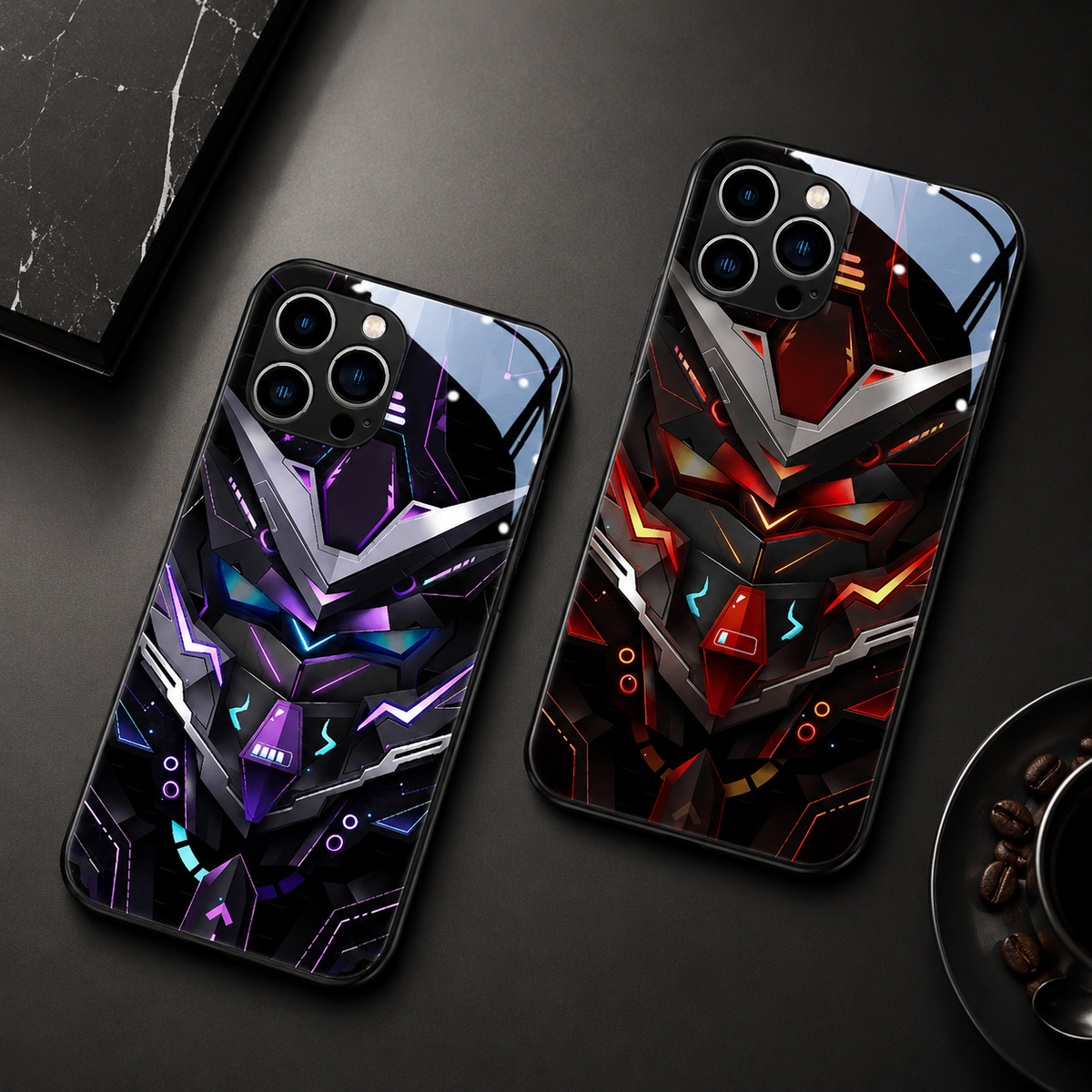 Purple and orange robotic-face cases lie diagonally on a dark surface beside a black marble block.