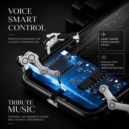 An exploded graphic shows blue circuit boards and small mechanical-looking components inside a case. Labels advertise smart sensing and voice-controlled lighting.