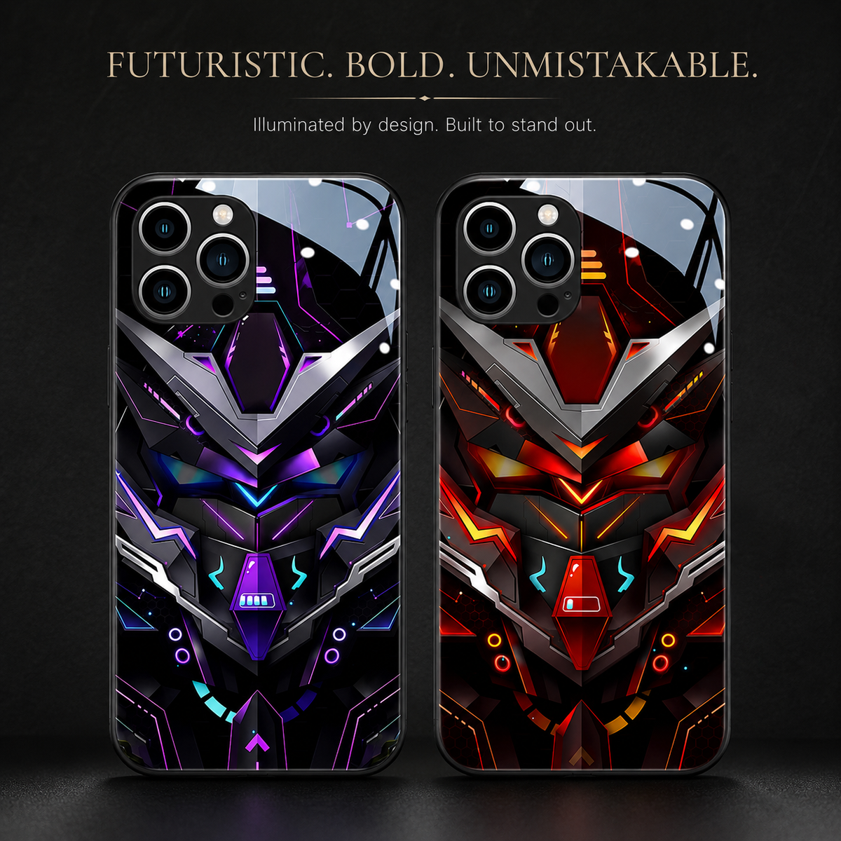Two glossy black cases with purple and orange robotic-face designs stand side by side beneath Futuristic. Bold. Unmistakable.