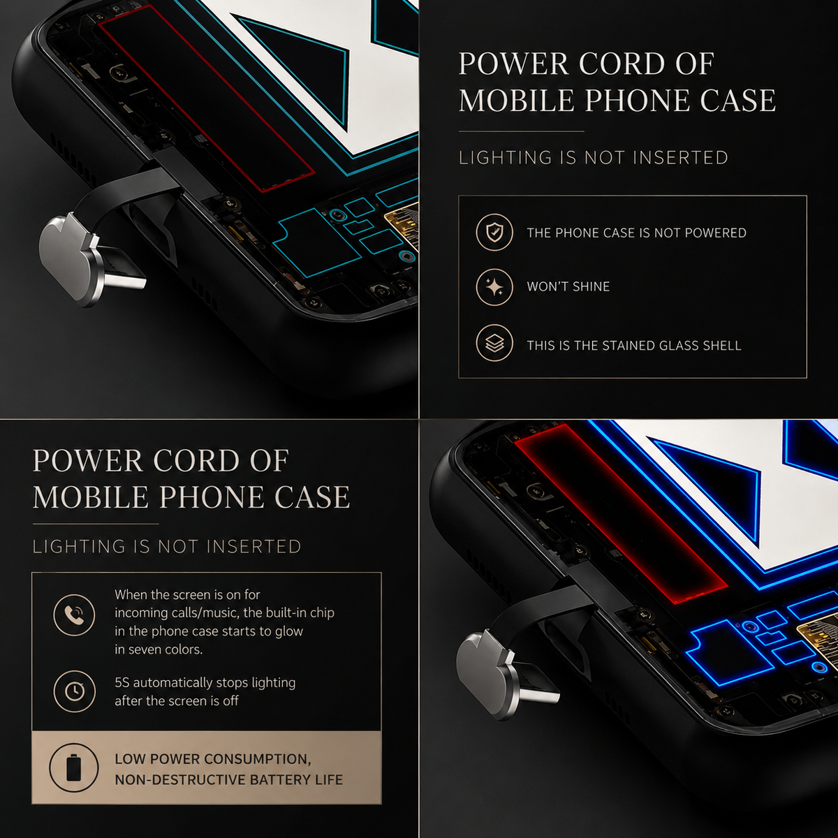 Two close-up panels show a small connector near the bottom of a patterned case. Text describes the power cord and lighting behavior.