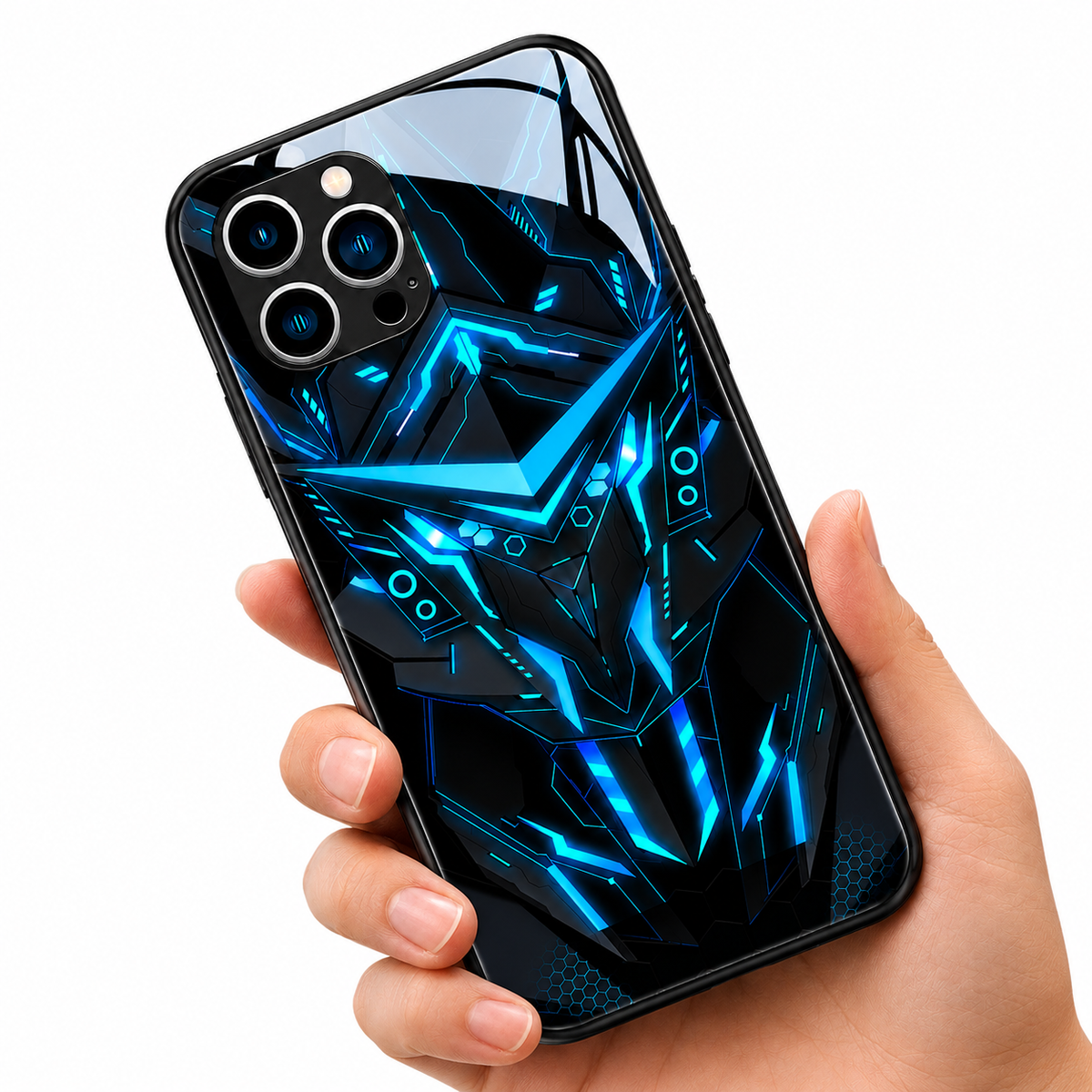 A hand holds a glossy black case on white, decorated with a glowing blue angular robotic face and circuit-like lines.