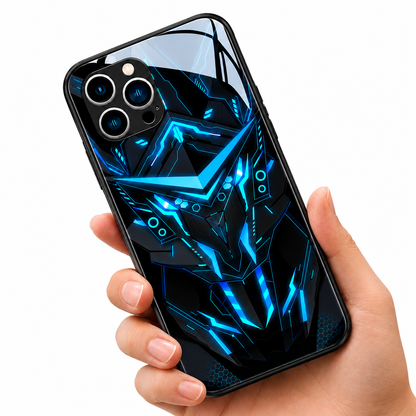 A hand holds a glossy black case on white, decorated with a glowing blue angular robotic face and circuit-like lines.