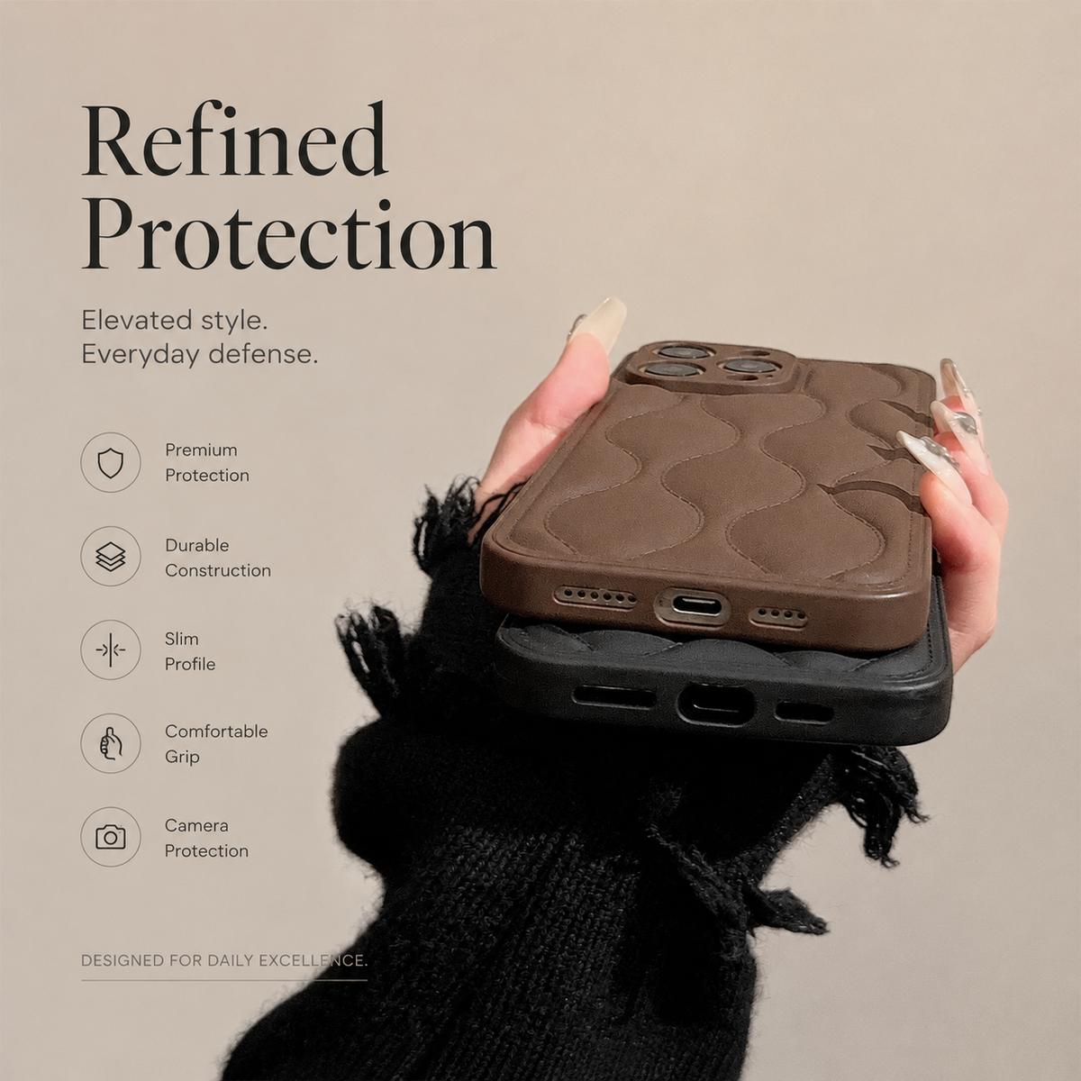 Hands hold brown and black cases stacked together, showing their bottom charging-port and speaker openings.