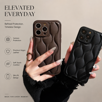 Hands hold brown and black wave-textured cases upright side by side. Text describes vegan leather, comfort and slim fit.