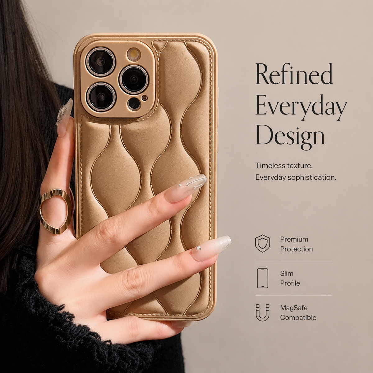 A hand holds a tan wave-textured case near a person's hair, showing stitched rounded sections and a raised camera surround.