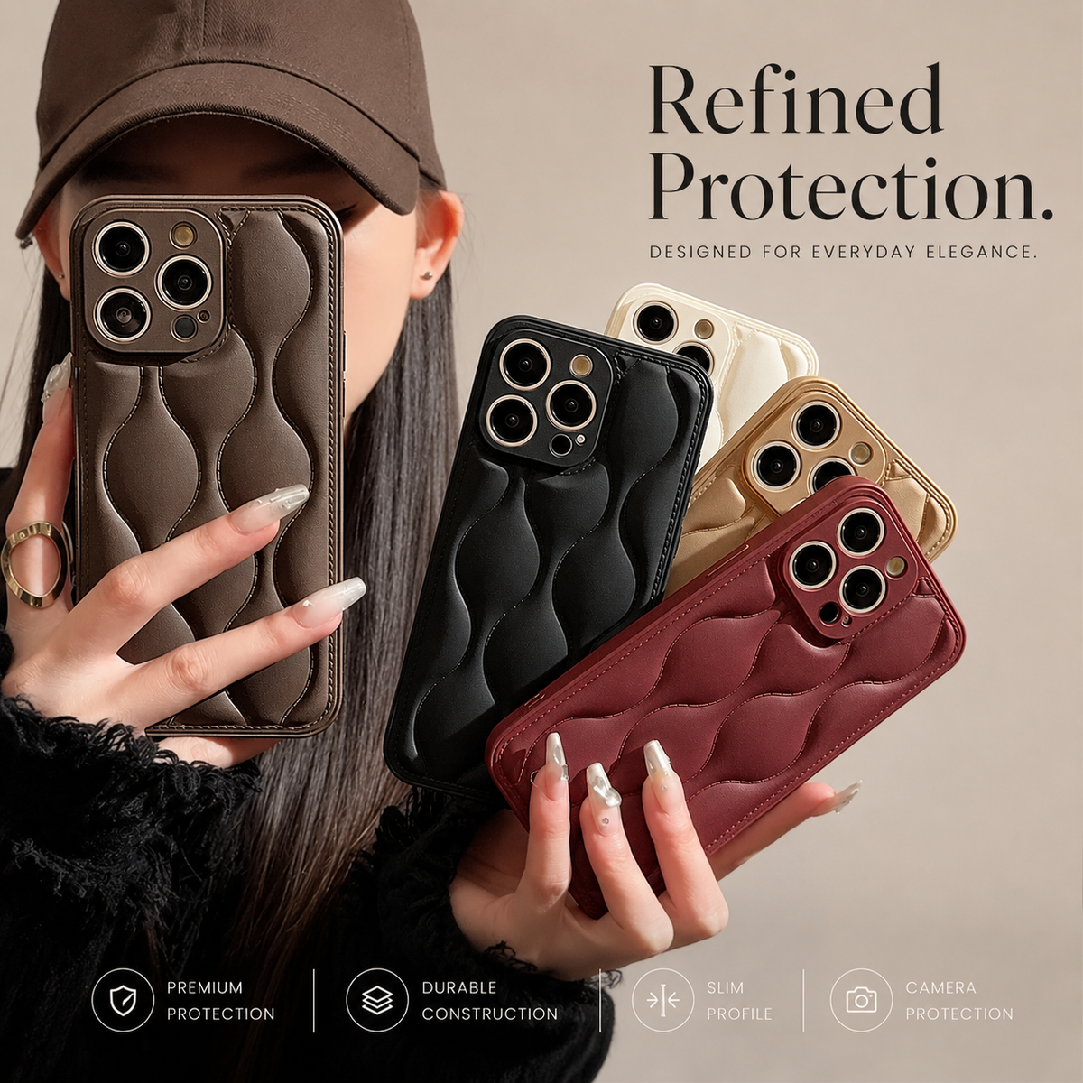 A woman in a brown cap holds a brown case near her face while fanning out black, cream, tan and burgundy versions.