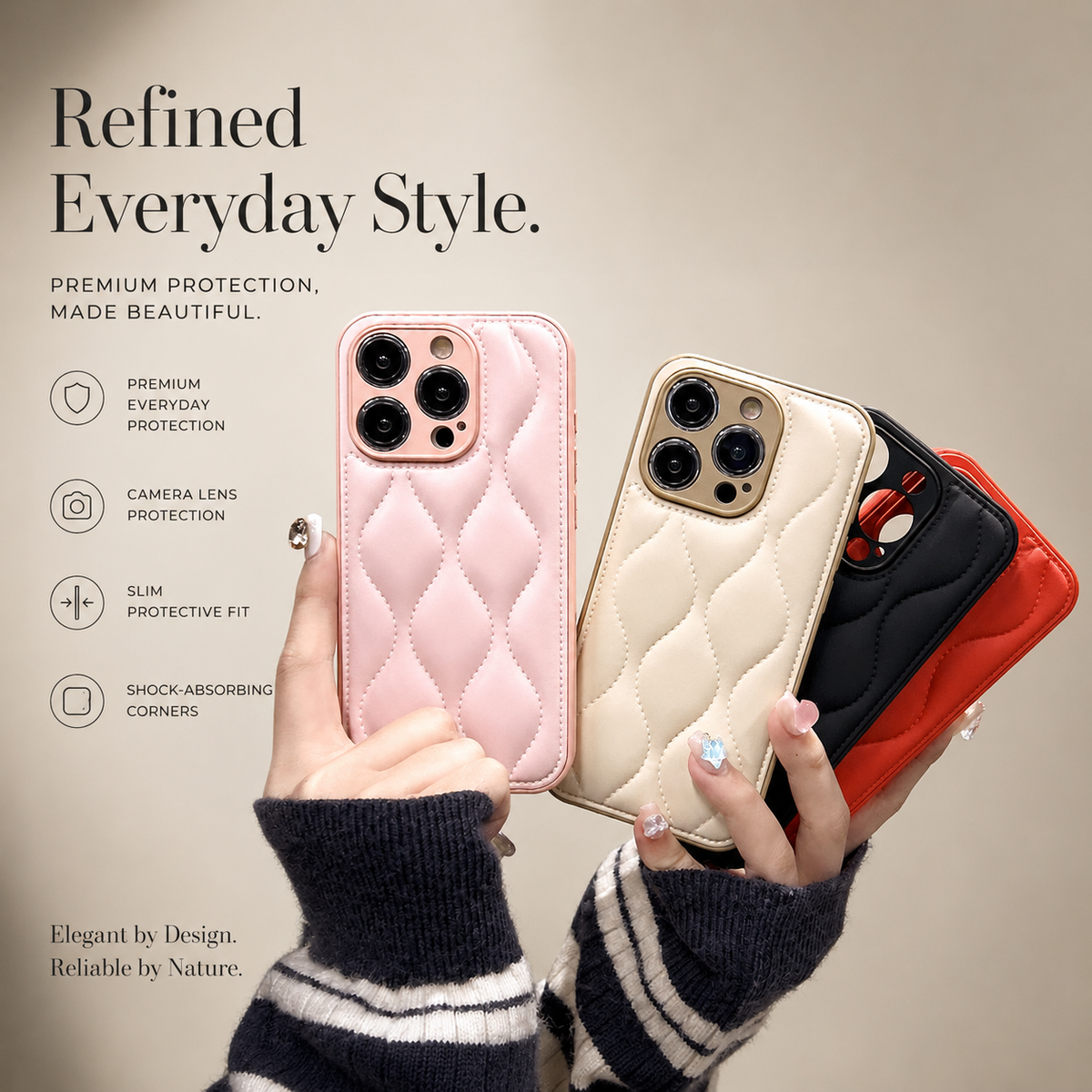 Hands in striped sweater sleeves hold pink and cream wave-textured cases beside black and orange versions.