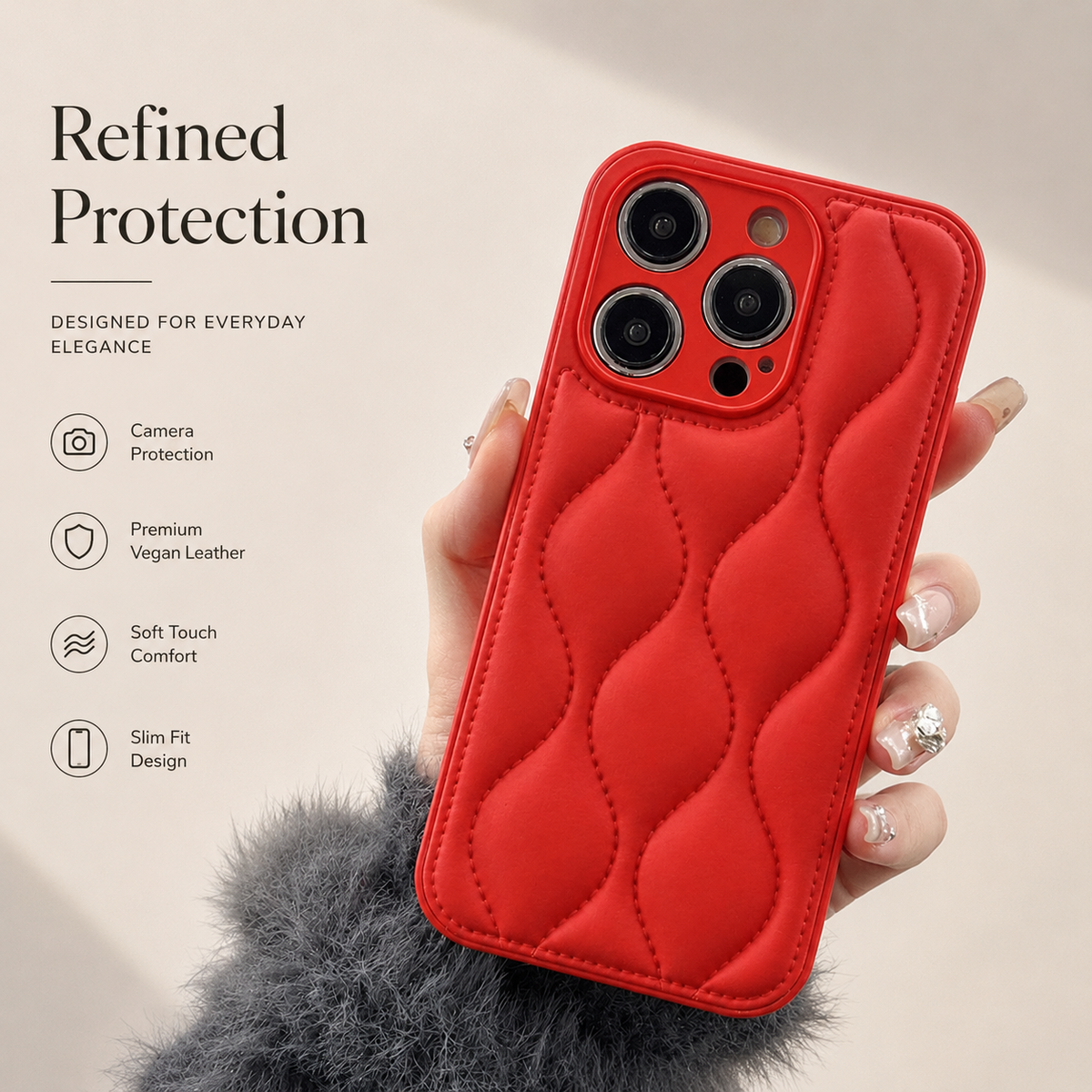 A hand in a fuzzy sleeve holds a red case, showing its stitched wavy padded-looking back and raised camera surround.