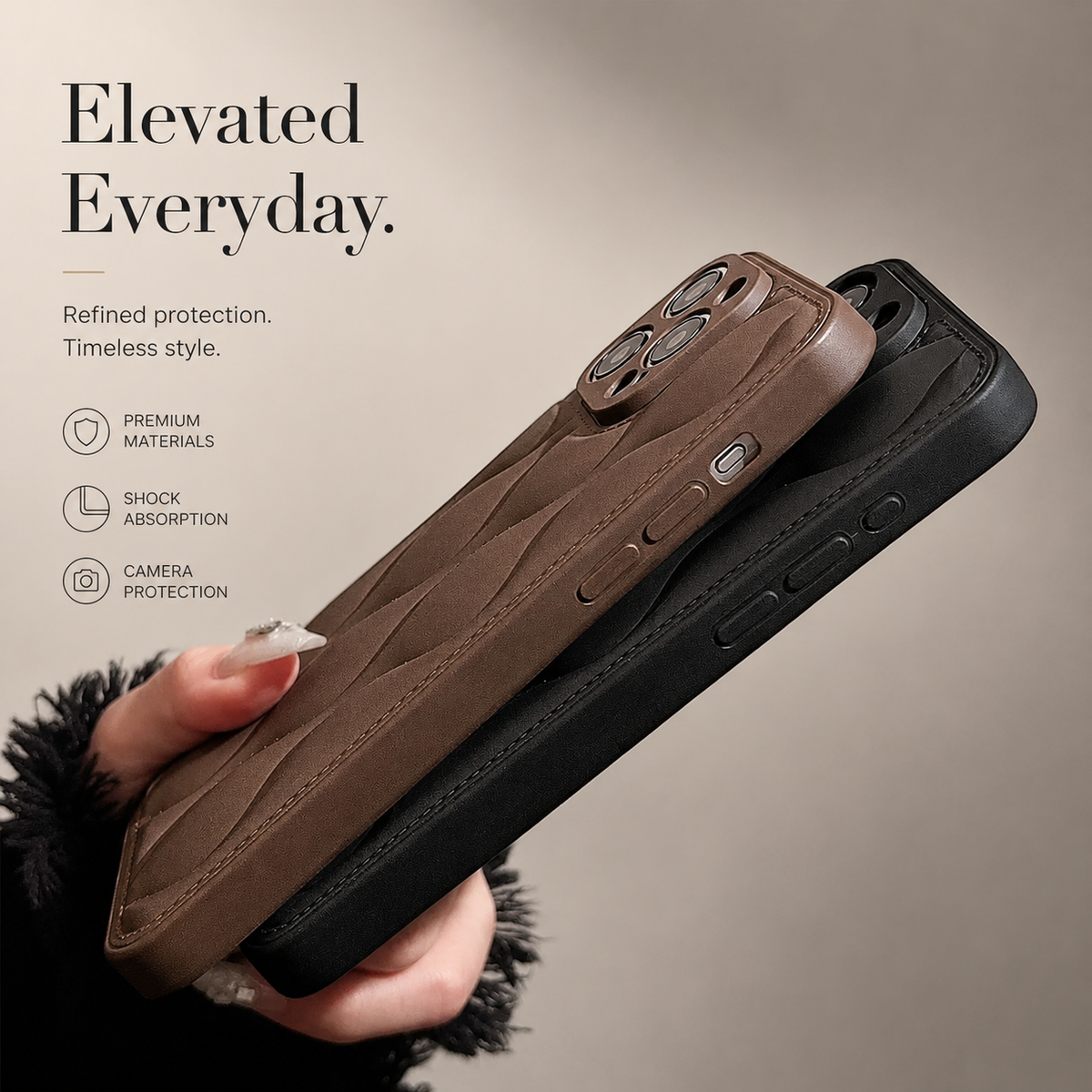 A hand holds brown and black wave-textured cases edge-on, showing their side buttons and slim stitched borders.