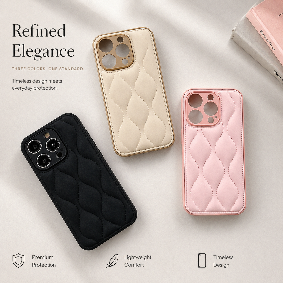 Black, cream and pink wave-textured cases lie separately on a pale surface beside a book under Refined Elegance.