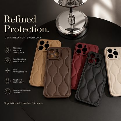Tan, brown, burgundy, black and cream wave-textured cases overlap on a dark table beside a lamp base.