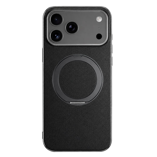 A black finely textured case stands rear-facing on white. A flat circular ring lies below a broad gray camera panel.
