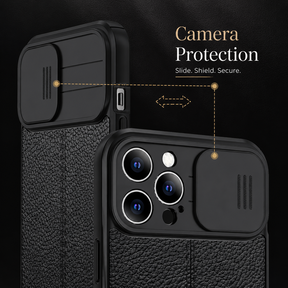 Two black textured cases show the sliding camera cover open and closed, with a dashed arrow illustrating horizontal movement.