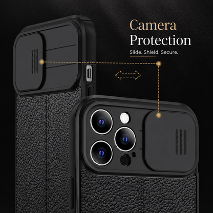 Two black textured cases show the sliding camera cover open and closed, with a dashed arrow illustrating horizontal movement.