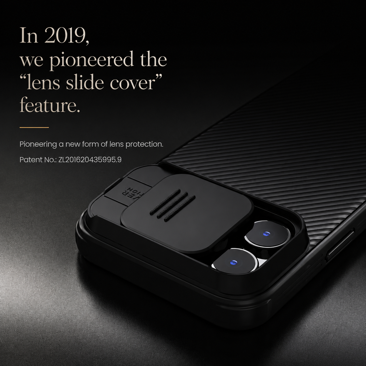 A black diagonally ribbed case is shown close-up with its camera slider partly across the lenses. Text says the lens-slide cover feature was pioneered in 2019.