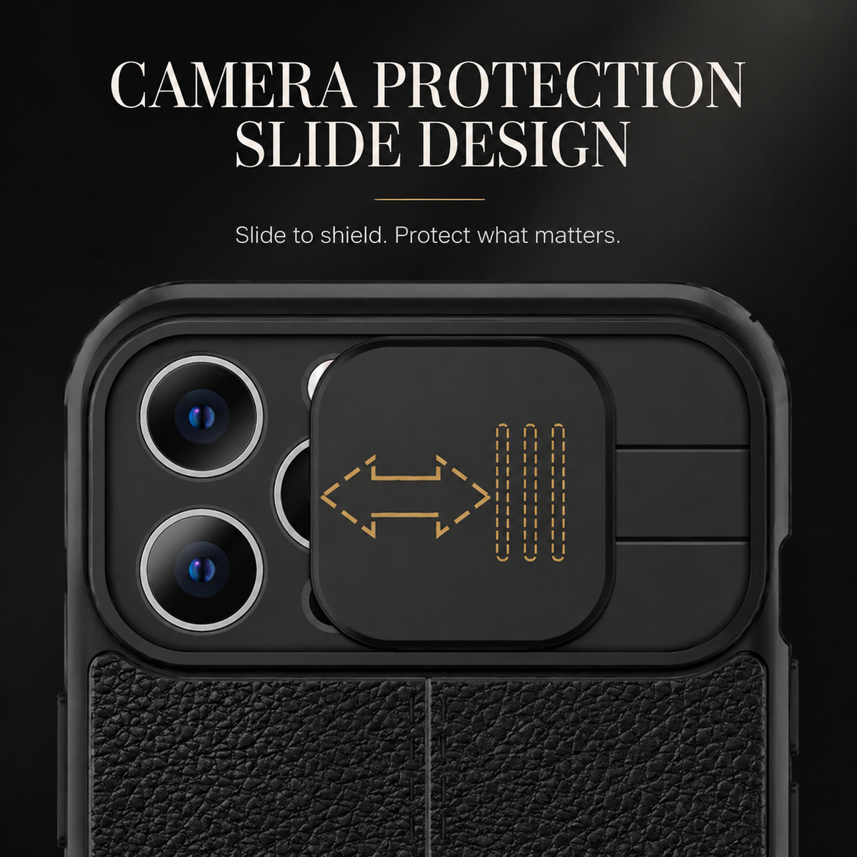 An enlarged camera section of a black case shows a double-ended arrow over the sliding cover, illustrating its side-to-side motion.