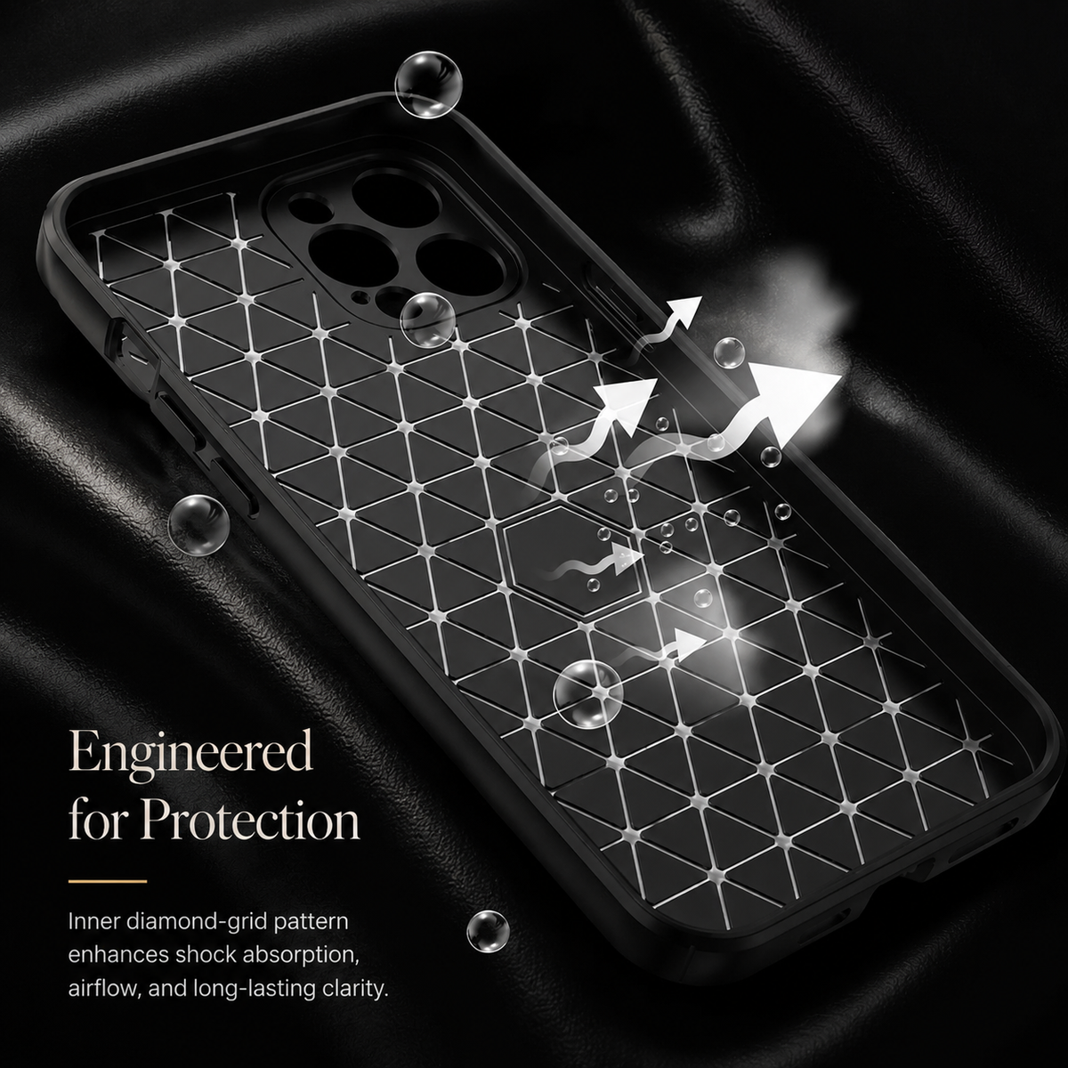 The inside of a black case shows a triangular grid pattern overlaid with impact arrows and floating spheres beneath Engineered for Protection.