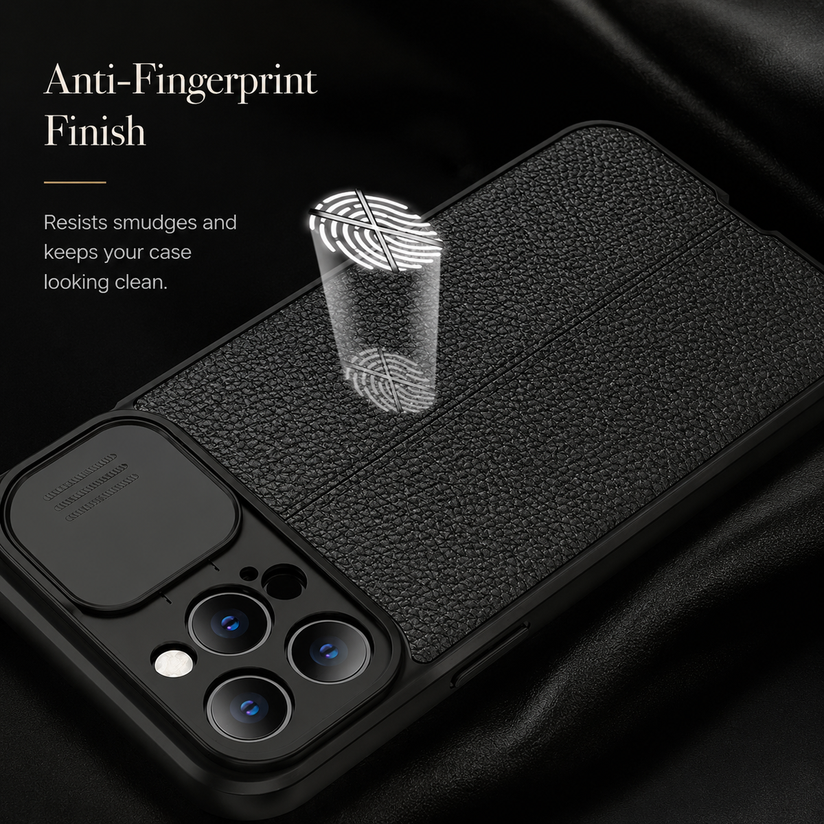 A black textured case lies at an angle beside an illustrated fingerprint, under Anti-Fingerprint Finish.