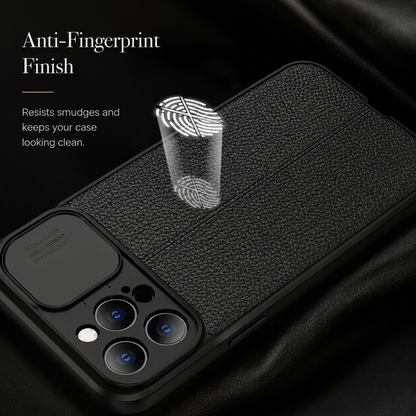 A black textured case lies at an angle beside an illustrated fingerprint, under Anti-Fingerprint Finish.