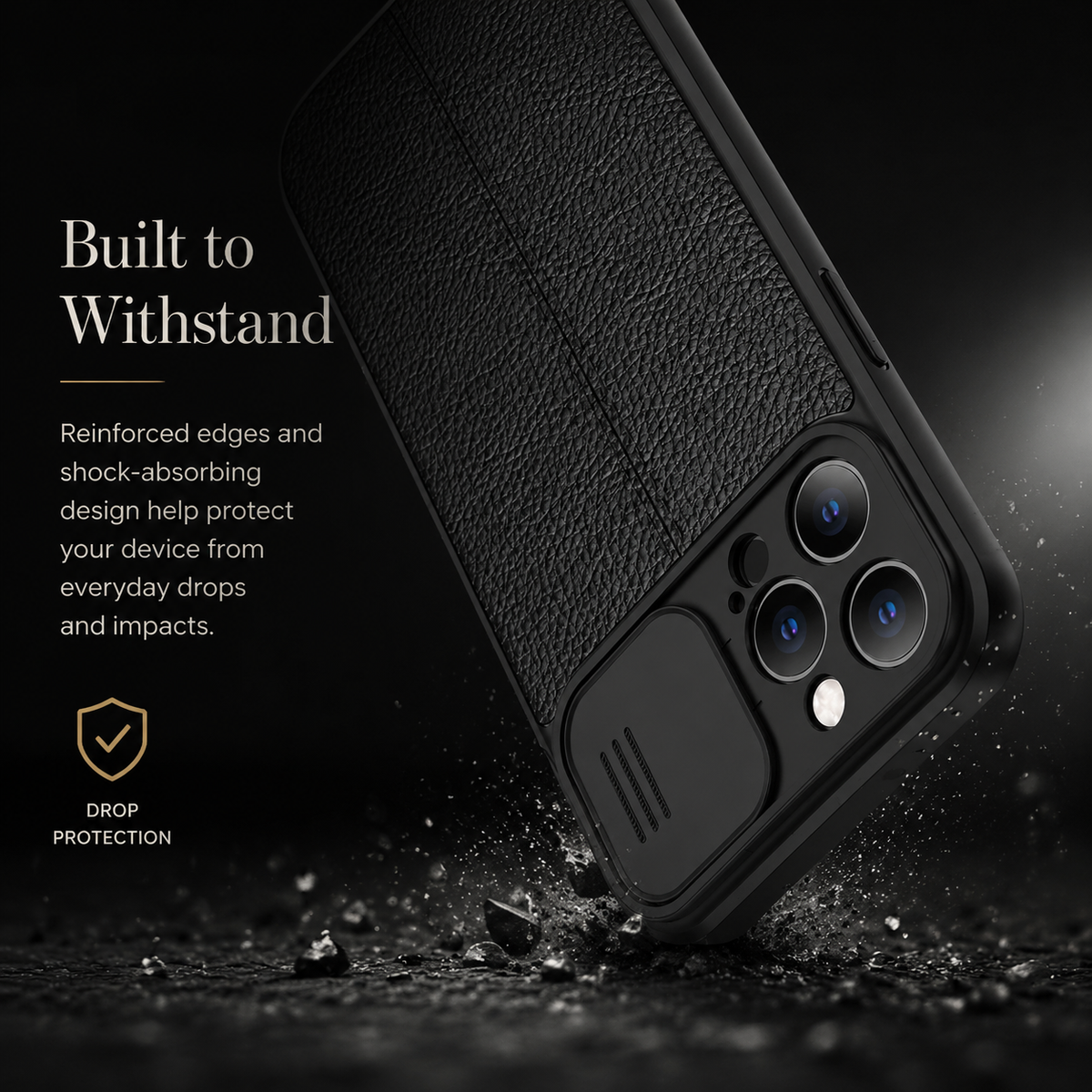 A black case is illustrated striking dark ground with fragments near its lower corner. Text advertises reinforced edges and drop protection.