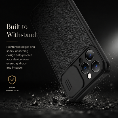 A black case is illustrated striking dark ground with fragments near its lower corner. Text advertises reinforced edges and drop protection.
