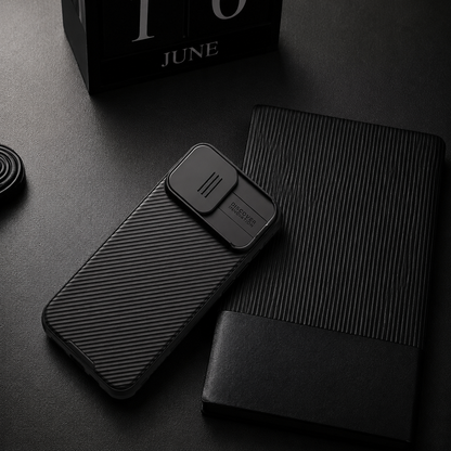 A black diagonally ribbed case with its camera cover closed lies beside black packaging and a dark calendar block.