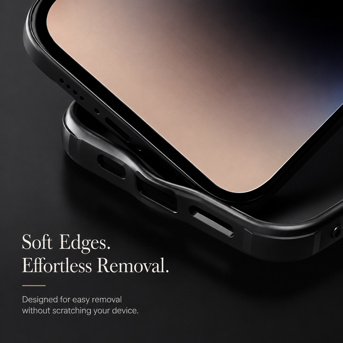 A close view of a phone being lifted from a black case shows the flexible-looking lower edge and bottom cutouts under Soft Edges. Effortless Removal.
