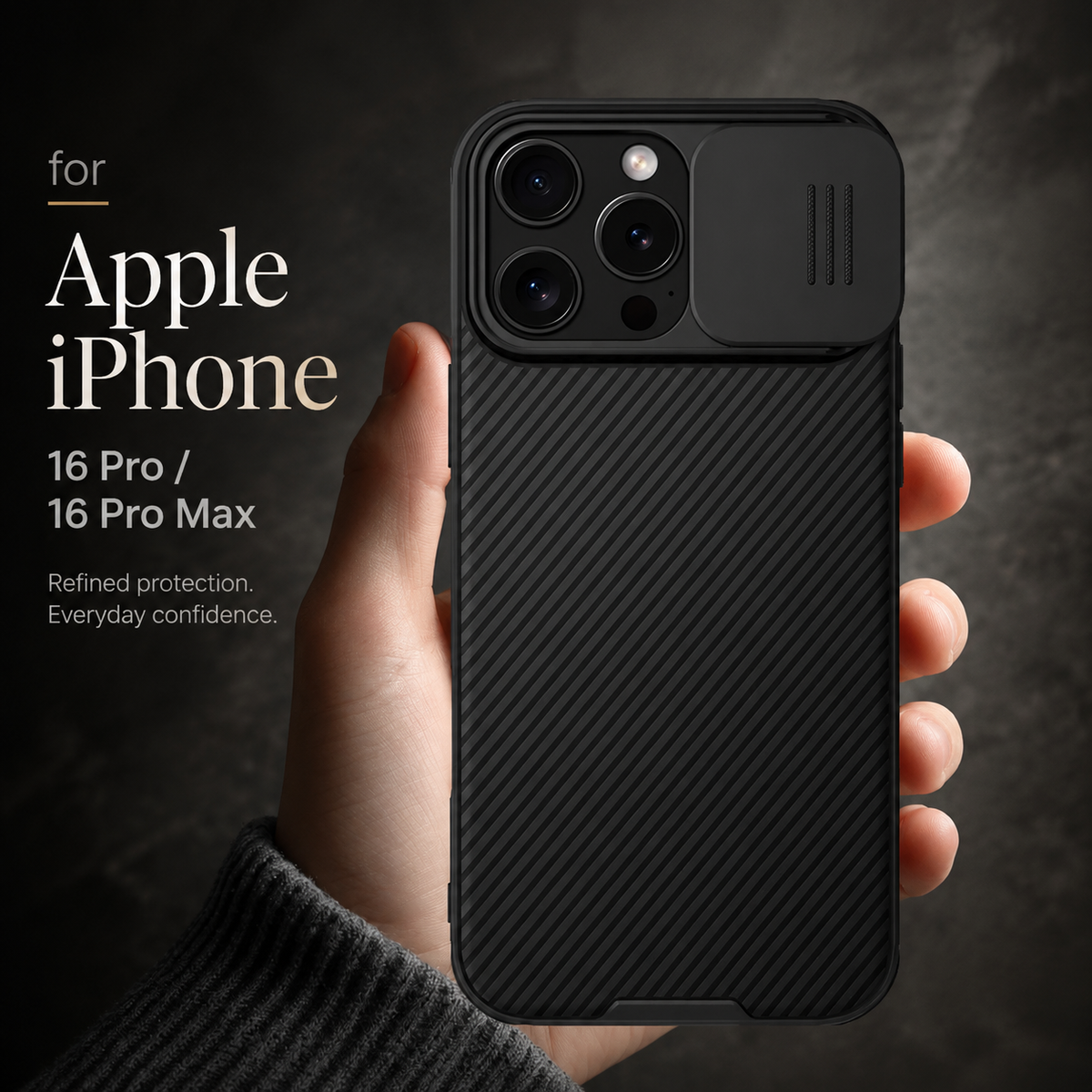 A hand holds a black diagonally ribbed case upright, with the camera slider open. Text identifies Apple iPhone 16 Pro and 16 Pro Max.