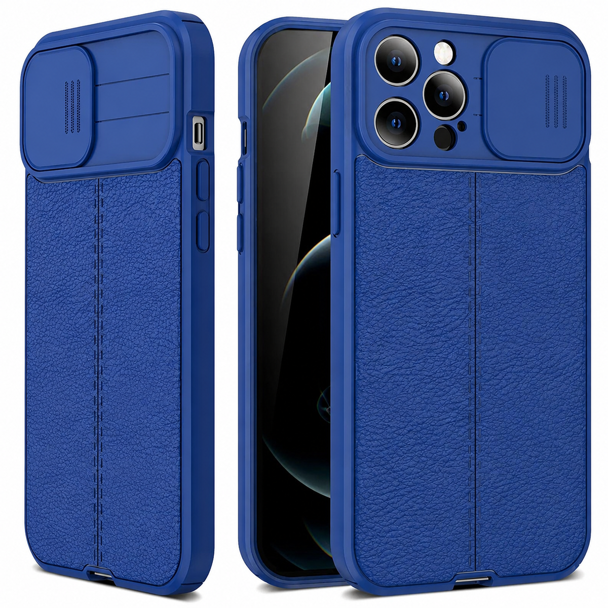 Three views of a blue textured case show its front screen and sliding camera cover both open and closed.