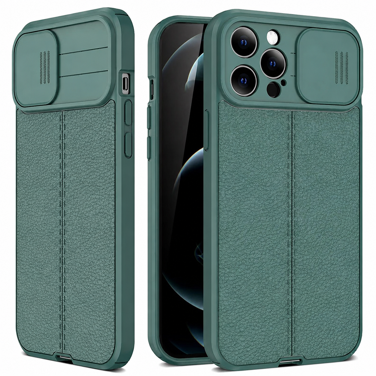 Three views of a muted green textured case show the front screen and camera-cover slider in open and closed positions.