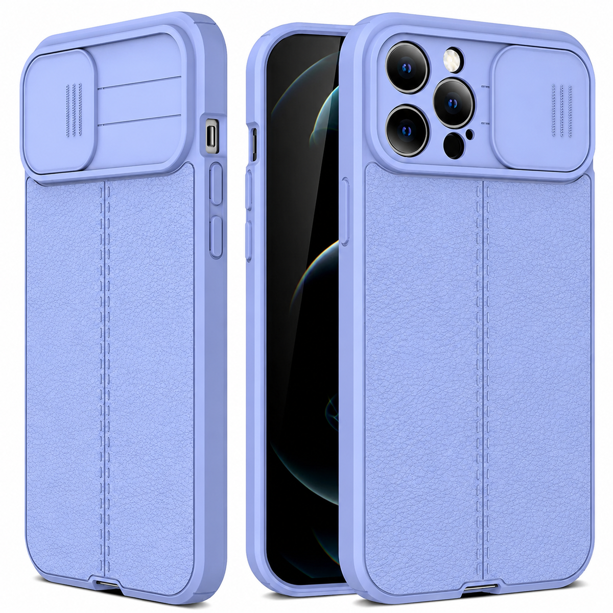 Three views of a pale lavender textured case show its front screen and sliding camera cover open and closed.