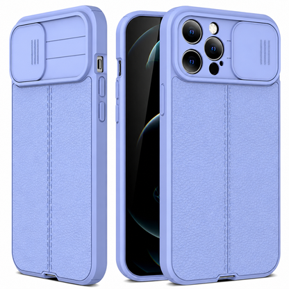 Three views of a pale lavender textured case show its front screen and sliding camera cover open and closed.