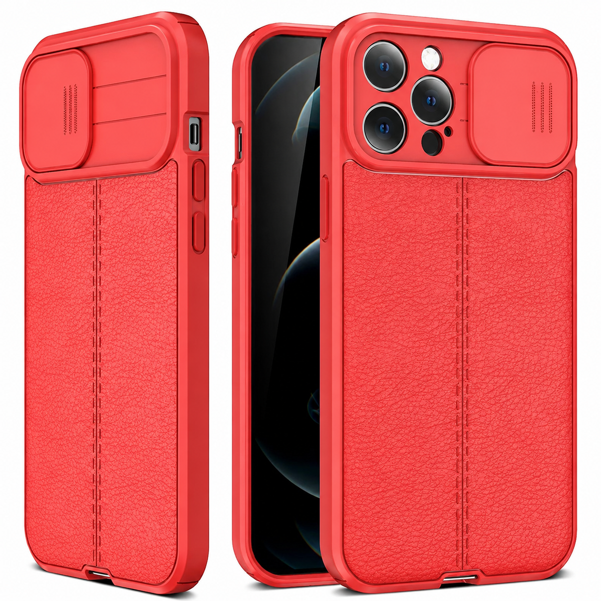 Three views of a coral-red textured case show the front screen and camera-cover slider open and closed.