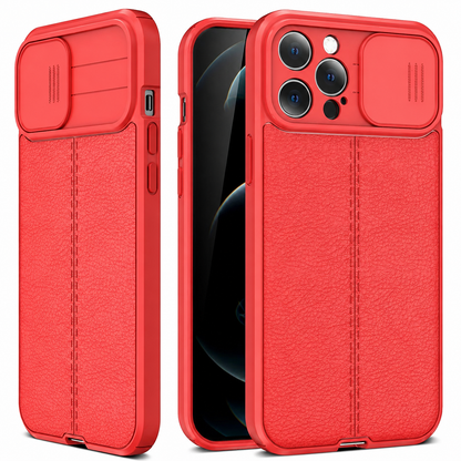 Three views of a coral-red textured case show the front screen and camera-cover slider open and closed.