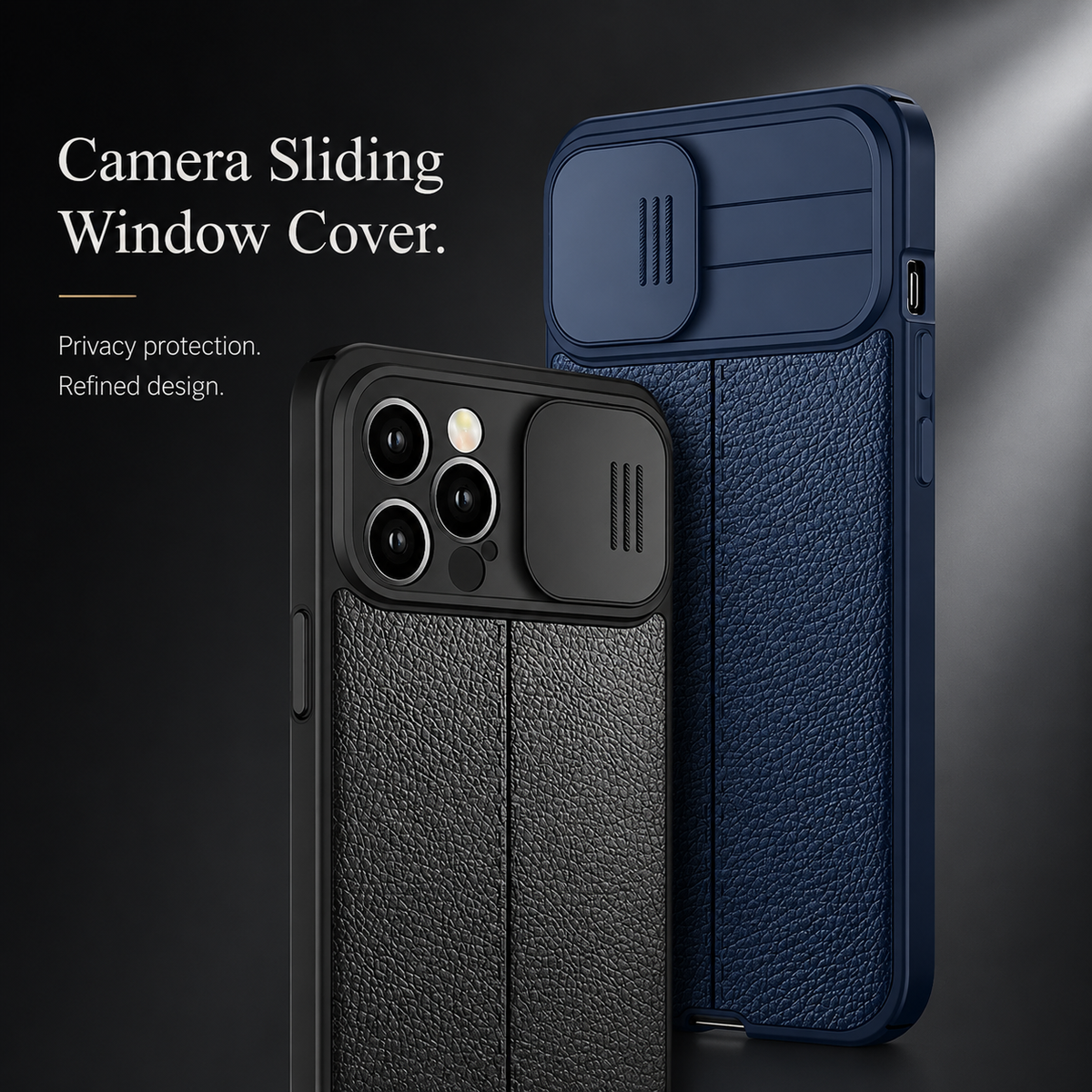 Black and navy textured cases stand side by side, one with its camera cover open and the other closed beneath Camera Sliding Window Cover.