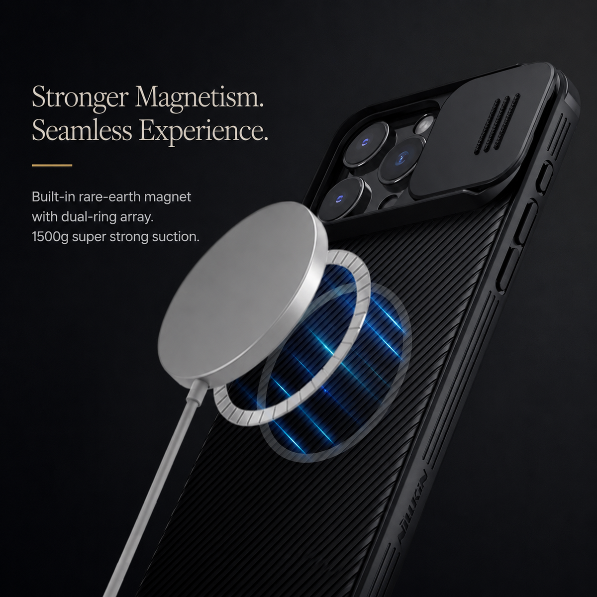 A white magnetic charging puck floats above a glowing ring on a black diagonally textured case. Text advertises stronger magnetism and seamless charging.