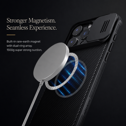 A white magnetic charging puck floats above a glowing ring on a black diagonally textured case. Text advertises stronger magnetism and seamless charging.