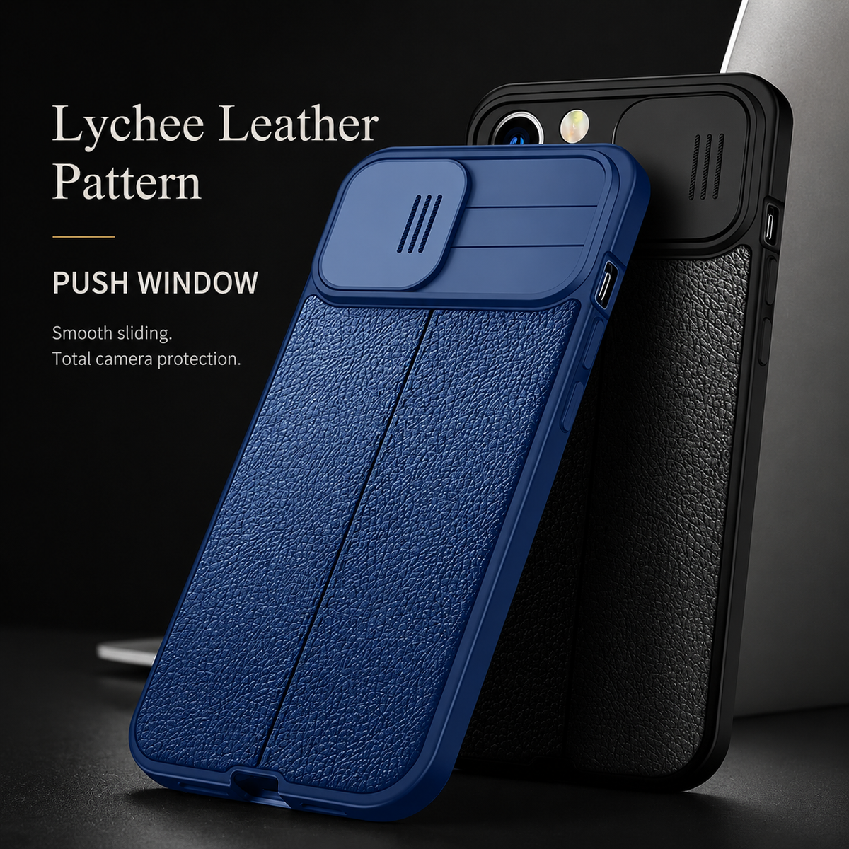 A blue textured case leans in front of a black version, both with closed sliding camera covers. Text describes a lychee leather pattern and push window.